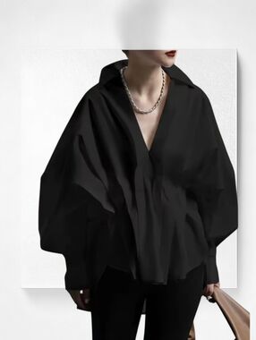 Oversized Pleated Deep VNeck Blouse ▪︎ Black ▪︎ OSFM